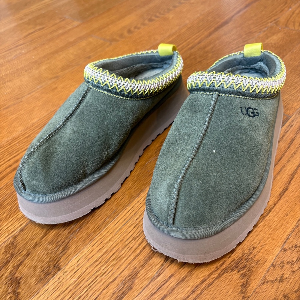 UGG Olive Green Tasman Slippers with Yellow Trim